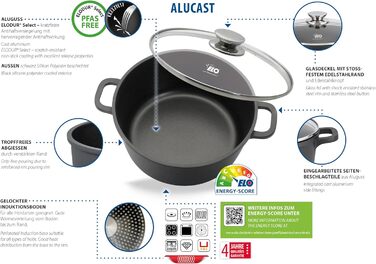 Каструля ELO Alucast 16 см зі скляною кришкою, виготовлена з високоякісного литого алюмінію - високоякісна, антипригарна, без PFAS з покриттям ELODUR Select, підходить для індукції, чорна (4 літри)