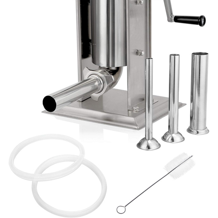 Професійна машина для наповнення ковбас Zelsius з нержавіючої сталі (3 літри, срібло) чотири різні труби для наповнення, наповнювач для ковбас, прес для ковбас, ковбасна машина з 2-швидкісним редуктором, вентиляційним клапаном і рукояткою