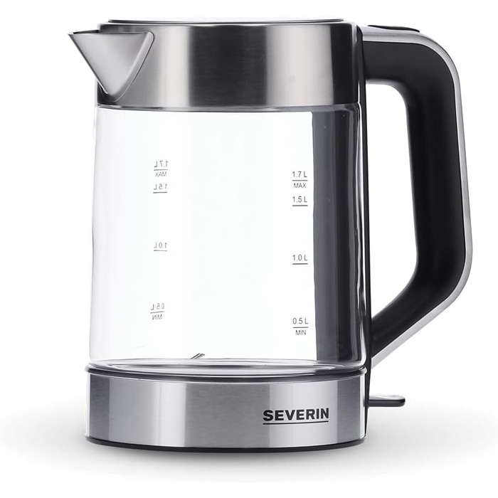 Скляний чайник SEVERIN з об'ємом наповнення 1,7 л XXL, потужний і компактний чайник у високоякісному дизайні, електрочайник з фільтром від накипу, 2200 Вт, скло з нержавіючої сталі, WK 3420 одинарний