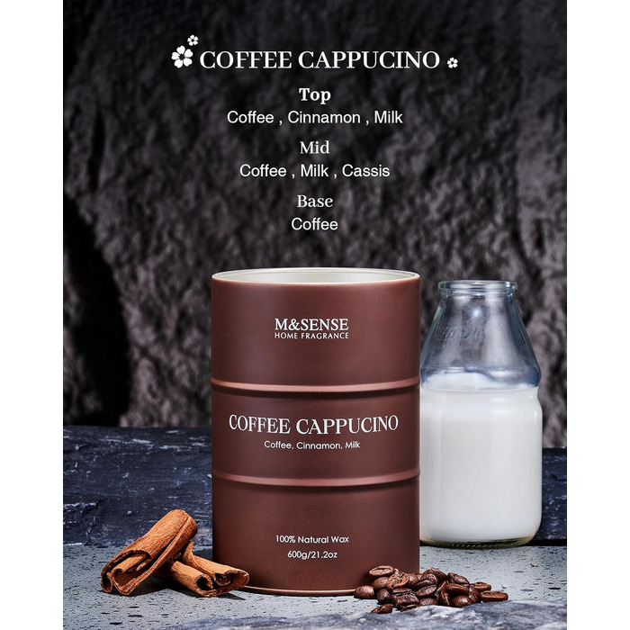 Ароматичні свічки M&SENSE з натурального соєвого воску, натуральна соєва свічка для домашнього декору, тривалий час горіння до 70 годин, класні подарунки-свічки для чоловіків і жінок (600 г, кава капучино)