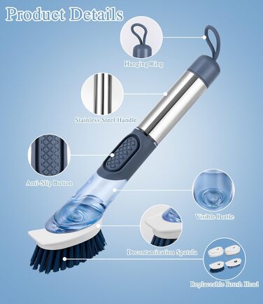 Щетка для посуды с дозатором для моющего средства с 4 сменными головками и держателем LEAZZLE