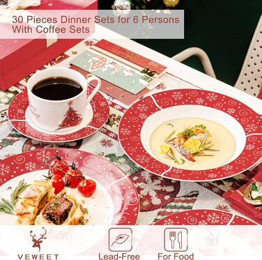 Серія 30-предметний порцеляновий різдвяний набір посуду на 6 осіб, різдвяний кавовий сервіз на 6 обідніх тарілок, 6 десертних тарілок, 6 супових тарілок, 6 кавових чашок та 6 блюдець (Christmastree-1, обідній сервіз на 30 предметів)