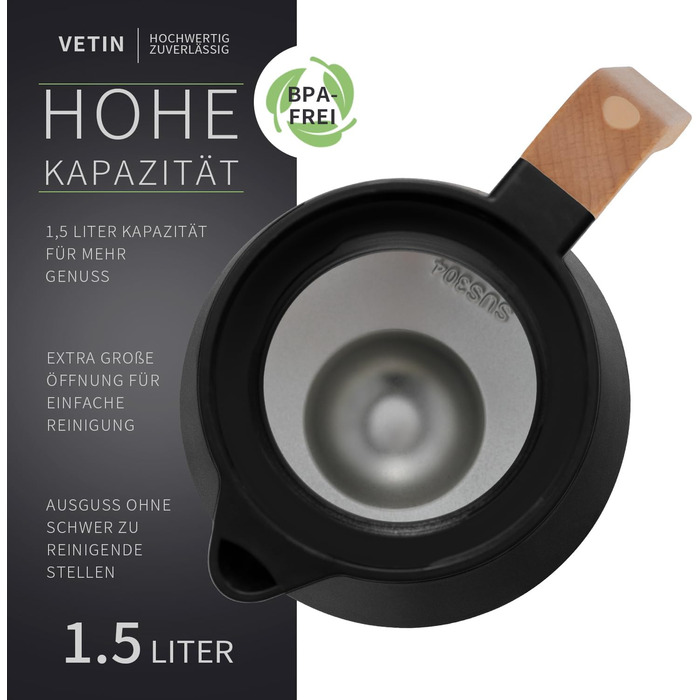 Термоглечик з чайним фільтром 1,5 л, чорний VETIN