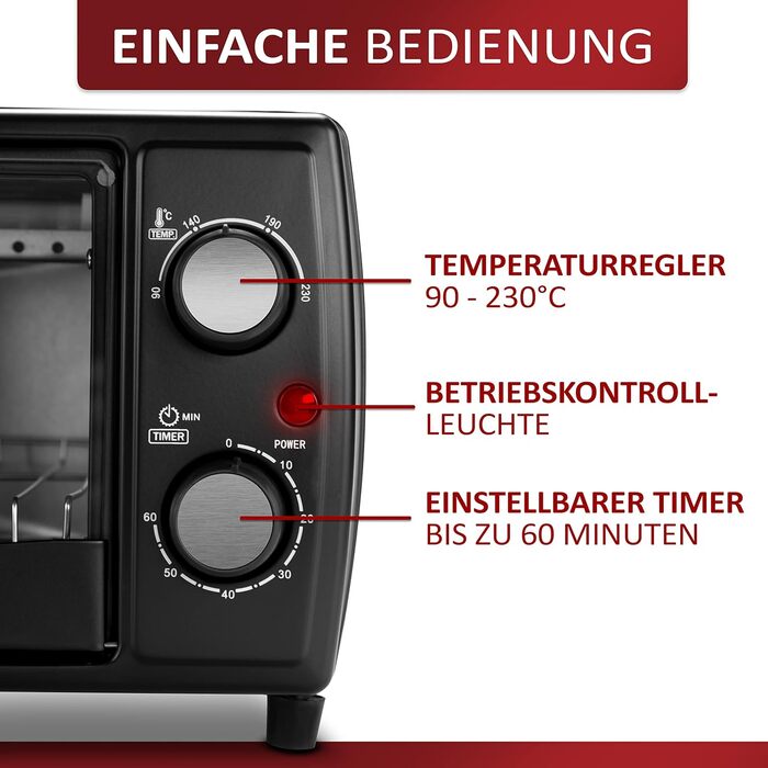 Міні-піч Ecosa 1000 Вт 10 літрів Включаючи деко та решітку для гриля Піч для піци 90-230C Таймер на 60 хвилин Складаний піддон для крихт Міні-піч Духовка Мала духовка