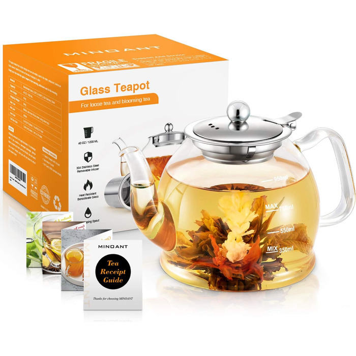 Скляний чайник, чайник із ситечною вставкою, з боросилікатного скла 1 л MINO ANT