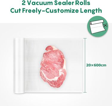 Вакуумні пакети FRESKO, 2 рулони, 28 x 600 см, професійні пакети для вакуумного пакування, розмір підходить для всіх вакуумних пакувальників, без BPA, тиснені повітряні канавки, пакети для заморожування методом су-від (2 рулони 20 x 600 см)