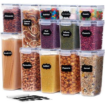 Банки для зберігання Lifewit 13 комплектів, герметичні контейнери для зберігання з універсальними кришками, кухонний органайзер для коробки для зберігання з етикетками для зерна, борошна, цукру, пластівців, комори, прямокутний без бісфенолу А (набір із 13