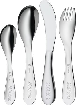 М'які дитячі столові прибори WMF з вигравіруваною назвою - персоналізований набір для дітей з гравіюванням - персоналізовані ідеї подарунків на хрестини для дівчаток і хлопчиків - персоналізовані столові прибори WMF - 4 предмети (з алмазним гравіюванням)