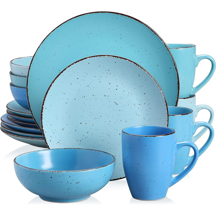Столовий сервіз з керамограніту, набір посуду vancasso MODA, вінтажний зовнішній вигляд, комбінований сервіз із 40 предметів з 8 обідніми тарілками, тарілками для тортів, суповими тарілками, мисками та чашками кожна (синій колір, комбінований сервіз 16 шт