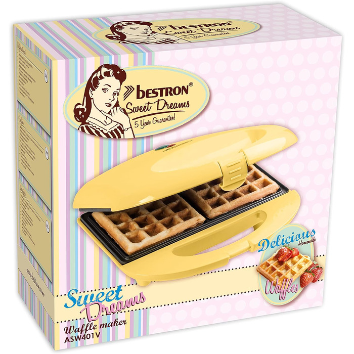 Брюссельская вафельница Bestron в ретро-дизайне, вафельница для 2 бельгийских вафель, с антипригарным покрытием и лампой для выпечки, 700 Вт, цвет (желтый)