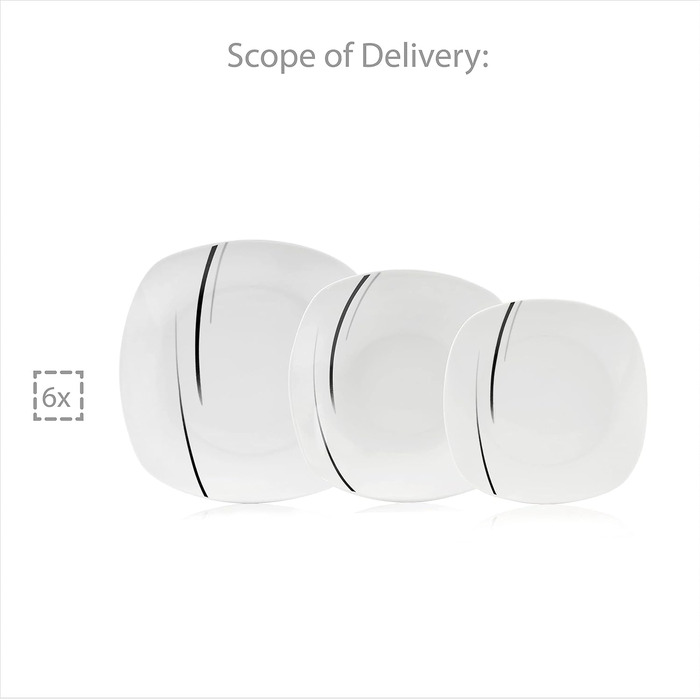 СПІВАЧКА Порцеляновий столовий сервіз Bilgola Black Lines, набір посуду з 18 предметів на 6 персон, набір тарілок, квадратний столовий сервіз 18 шт.