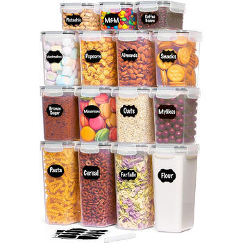 Банки для хранения Lifewit с крышками 15 комплектов, контейнеры для хранения с универсальными крышками, герметичный ящик для хранения Кухонный органайзер с этикетками для зерновых, муки, сахара, хлопьев на кухне, прямоугольный без бисфенола А (набор из 15