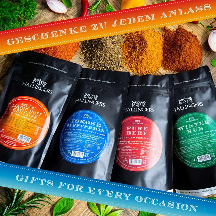 Класичний набір спецій Hallingers - 1 - Подарунковий набір спецій ручної роботи, 12 спецій з усього світу (Набір) - Літній подарунок та ідеальний подарунок для барбекю Подарунок для нової домівки &quotВітання та дружба&quot Класичні спеції., 12 спецій (73