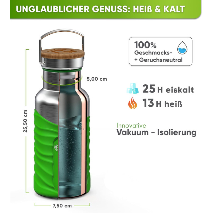 Ізольована пляшка для пиття преміум-класу з нержавіючої сталі 1л з натуральною щетиною Герметична ізольована пляшка Ізольована пляшка для університету, офісу, яку можна мити в посудомийній машині Без BPA (токсичний зелений)