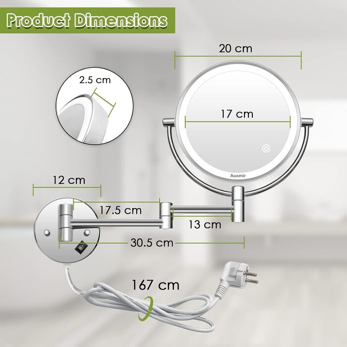 Дзеркало косметичне 20 см настінне з підсвічуванням та 10-кратним збільшенням, сріблясте Vialex