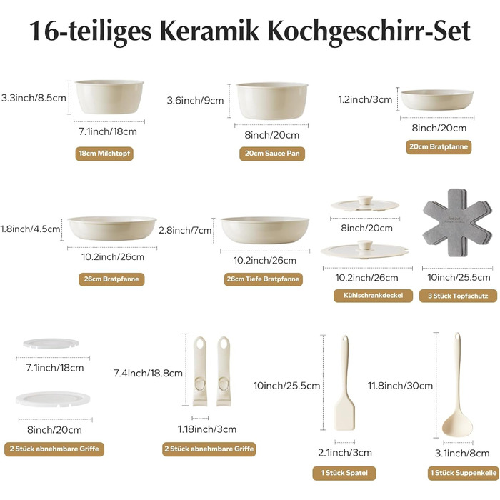 Набор посуды со съемными ручками 16 предметов бежевый Redchef