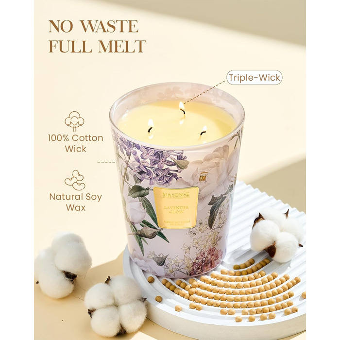 Ароматична свічка M&SENSE надзвичайно велика, час горіння 150 годин, натуральна ароматерапевтична свічка з 3 гнітами, сильний аромат, тривале горіння, подарункова свічка та прикраса для дому, подарунки для жінок (990 г, лаванда)