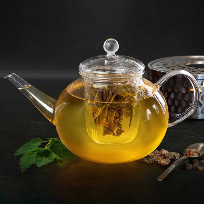 Скляний чайник Creano Glass Teapot з 3 частин із вбудованим ситечком з нержавіючої сталі та скляною кришкою, ідеально підходить для приготування сипучих чаїв, без крапель, універсальний (скляне ситечко 1.2 л)