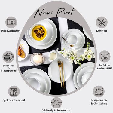 Тарілка для пасти New Port на 4 предмети, набір тарілок для пасти на 4 особи, порцелянова миска для пасти, глибока тарілка, яку можна мити в посудомийній машині, багатофункціональна миска біла 370 мл ПРЕМІУМ КОЛЕКЦІЯ (комбінований набір з 24 предметів)