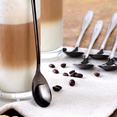 Набір ложок GRWE для лате макіато, золотистий, 6 предметів, 22 см, довгі ложки, ложки для коктейлів, десертні ложки, ложки для морозива, ложки для кави з льодом, нержавіюча сталь, можна мити в посудомийній машині (чорний)