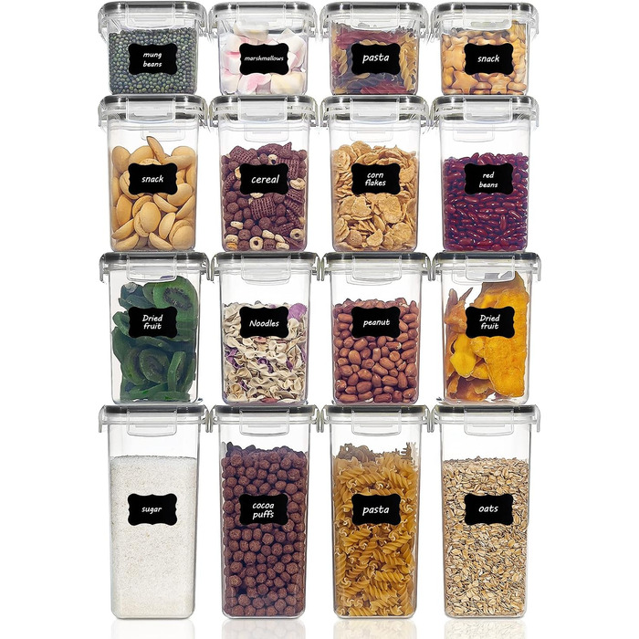 Набор банок для хранения Vtopmart из 16 предметов, банки для мюсли и банки для хранения пищевых продуктов, герметичные пластиковые банки для хранения без бисфенола А, 24 этикетки для зерна, муки, сахара (черные) SVM02007