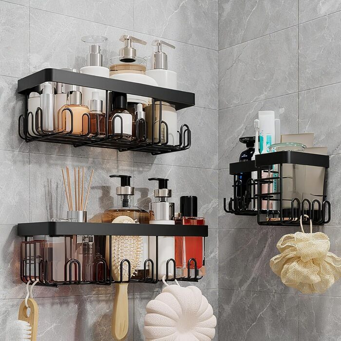 В-1 Покращена полиця для душу з нержавіючої сталі Вантажопідйомність 15 кг Потовщення 10 мм Висота 6 см 22 гачки Нержавіючий органайзер для кутової полиці для душу, без свердління - міцні клейкі прокладки, чорний (чорний), 3-