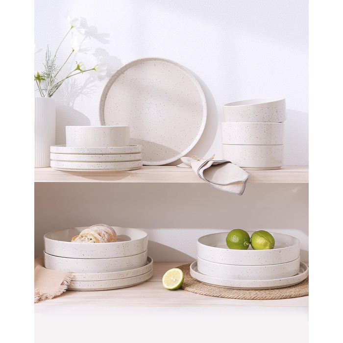 Набір посуду Richmount Nebula для 6 осіб, набір тарілок та мисок із 18 предметів, набір посуду з крапчастої кераміки, можна мити в мікрохвильовій печі та посудомийній машині, сервіз Nebula для 6 осіб (кремово-білі цятки, сервіз Nebula для 4 осіб)