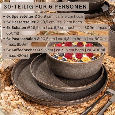 Комбінований сервіз на 6 персон, набір тарілок кавовий кухоль макаронна миска 30 шт. , набір посуду з керамограніту посудомийна машина - мікрохвильова піч - стійкий до подряпин, набір посуду з керамограніту КОЛЕКЦІЯ ЦІННОСТЕЙ (Каїрський графіт, комбінован