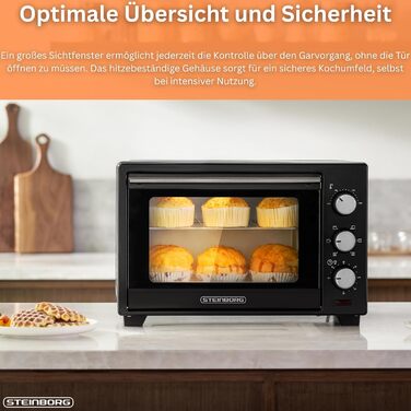 Міні-піч STEInBORG 25 літрів Піч для піци Духовка 3-в-1 Міні-піч Піддон для крихт Верхній/нижній нагрів Конвекція Таймер на 60 хвилин 1600 Вт