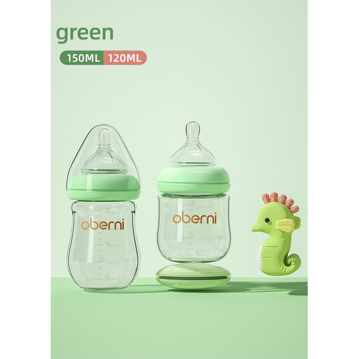 Скляні дитячі пляшечки Oberni з силіконовою соскою, розмір 1, пляшечка для молока з широким горлом, дитяча пляшечка з антиколіковим клапаном для новонароджених від 0 місяців, 150 мл, синя, (зелена/)