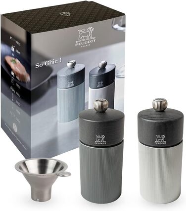 Подарунковий набір Line - Млин для перцю Млин для солі 12 см Лійка для спецій - Класичне регулювання помелу - Алюміній Деревина, сертифікована PEFC - Duo Line Carbon