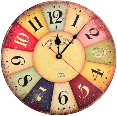 Настінний кухонний годинник YOAI, вінтажний, потертий ШИК, античний, ностальгічний, сільський, кварцовий годинник з МДФ з безшумним механізмом, 12 дюймів/30 см Ø (світло-коричневий)