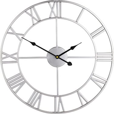 Великий круглий металевий настінний годинник у вінтажному стилі, безшумний, не цокаючий, працює на батарейках, 40 см, 16 дюймів, римські цифри, годинники для вітальні, спальні, кухні, настінний годинник-прикраса (срібний, 40 см)
