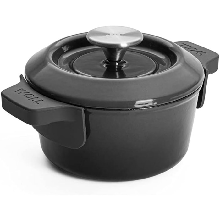 Чавунна каструля Ø 24 см, синього кольору, з кришкою та силіконовими ручками Емальований чавун, підходить для індукції та духовки для всіх типів плит Ø 24 см, висота 11 см, 4,2 літра (вугільно-сіра, Ø 16 см, висота 8 см, 1,3 літра)