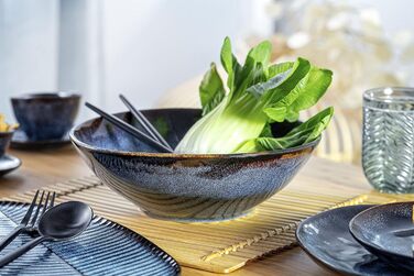 СПІВАЧКА Тарілка для пасти Токіо 4 шт., Тарілка для спагетті 4 персони, Набір посуду з кераміки Макарони, Тарілка з локшиною Можна мити в посудомийній машині, Миска для макаронів ручної роботи, Миска для макаронів синьо-чорна з коричневими вставками 1,2 л