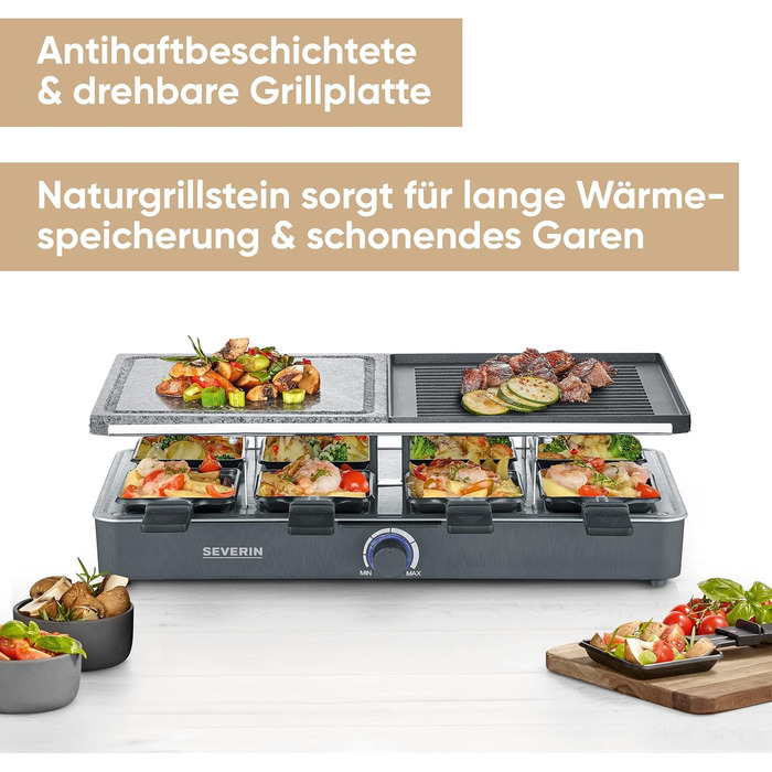 Раклетний гриль SEVERIN з натуральним каменем для гриля та пластиною для гриля, раклет з антипригарною пластиною для гриля та 8 сковородами, настільний гриль на 8 осіб, макс. 1300 Вт, чорний, ручка RG 2371 з контрольним підсвічуванням