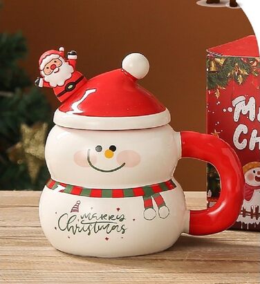 Різдвяний кухоль 400 мл з кришкою та ложкою, Сніговик в червоній шапці VollfitYYu