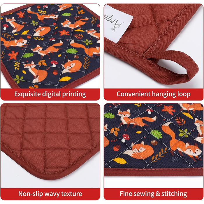 Набір з 2 кухонних рукавиць Arquiel з тримачем для каструлі Gnome Autumn Orange Checked, 100 бавовняні кулінарні рукавички, термостійкі кухонні рукавички для приготування їжі, осінній декор, подарунки для жінок (осіння лисиця, духовка тримач для каструлі)