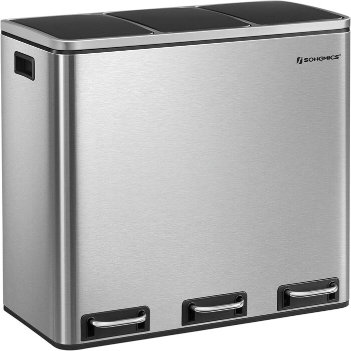 Кухонний контейнер для сміття SONGMICS, 3 x 18 л, система розділення сміття з 3 відділеннями, включаючи 15 мішків для сміття, відро для сміття, відро для сміття на педалі, для перероблених відходів, органічних відходів, з кришкою, LTB54BK (сріблястий мета