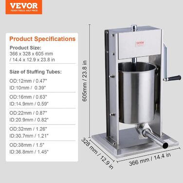 Ручна ковбасна машина VEVOR, вертикальна ковбасниця 2 л із затискачем G-типу, бочка з харчової нержавіючої сталі 304 із 2 наповнювальними трубками, машина для наповнення ковбас для кухні, ресторану, торгівлі тощо.