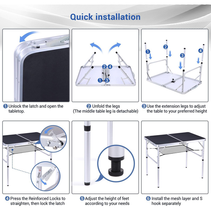 Складаний кемпінговий стіл з 2 рівнями висоти 90 х 60 см чорний Sportneer