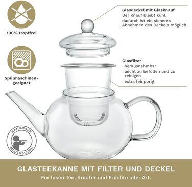 Скляний чайник Creano Glass Teapot з 3 частин із вбудованим ситечком з нержавіючої сталі та скляною кришкою, ідеально підходить для приготування сипучих чаїв, без крапель, все в одному (скляне ситечко 0,8 л)
