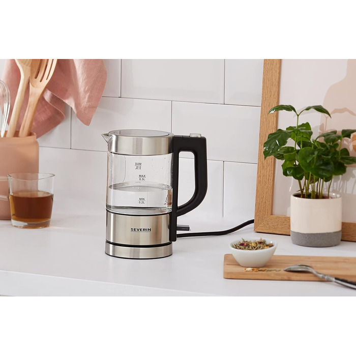 Мини стеклянный чайник, мощный и компактный чайник в высококачественном дизайне, электрочайник с фильтром известкового налета, нержавеющая сталь/черный, WK 3472, 0,5 л