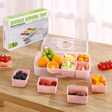Коробка для снеків Luxear з 14 відділеннями, тарілка для снеків з кришкою та ручкою, багаторазова миска для снеків для дітей, органайзер для снеків, горіхів, фруктів, спецій, для пікніка на вечірці, можна мити в посудомийній машині, білий (рожевий, 1 комп