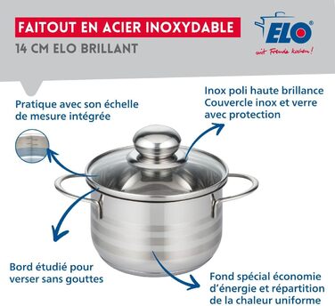 Каструля 1,1 л з нержавіючої сталі  зі скляною кришкою 14 см Brillant ELO