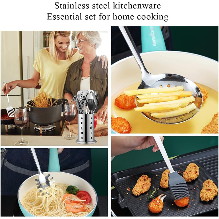 Набір кухонного начиння ReaNea з нержавіючої сталі 40 предметів, набір кухонного начиння з тримачем для столових приборів, набір посуду, кухонний помічник, набір металевих лопаток