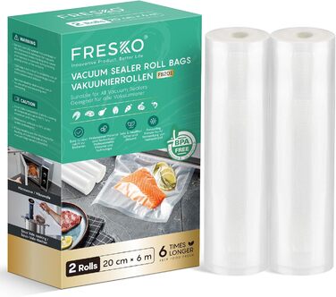 Вакуумні пакети FRESKO, 2 рулони, 28 x 600 см, професійні пакети для вакуумного пакування, розмір підходить для всіх вакуумних пакувальників, без BPA, тиснені повітряні канавки, пакети для заморожування методом су-від (2 рулони 20 x 600 см)