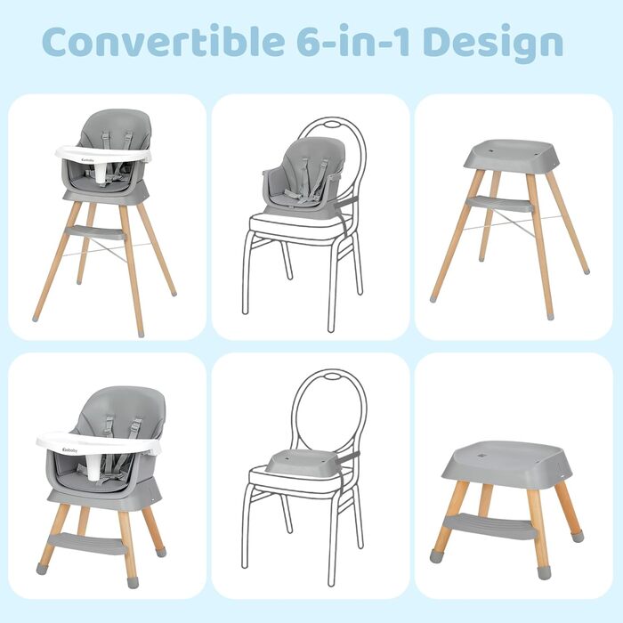 Дитячий стільчик для годування Ezebaby 6 в 1, бустер, барний стілець, багатофункціональний стільчик для годування, дерев&39яні ніжки, з 5-точковим ременем безпеки, підставкою для ніг, знімним підносом для дітей від 6 місяців (сірий)