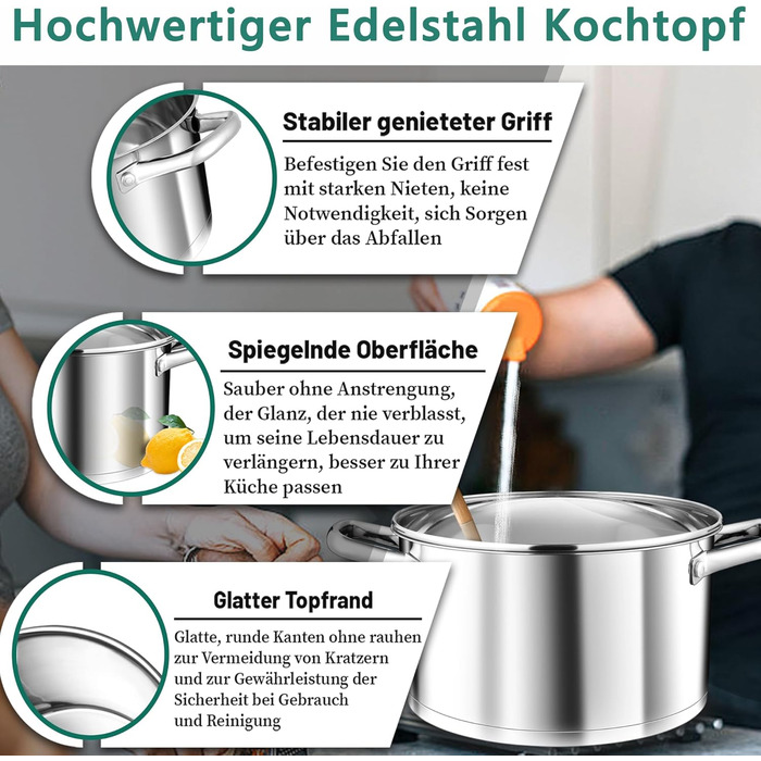 Велика каструля TEAMFAR, каструля з нержавіючої сталі, індукційна плита, скляна кришка, 3-шарове дно для всіх типів плит, каструля для пасти 26 см, каструля для м&39яса, без покриття та нетоксична, можна мити в посудомийній машині (5,7 літра)