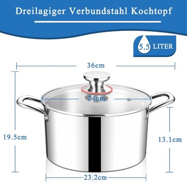 Каструля HaWare, індукційна каструля з 3-шарової нержавіючої сталі, каструлі об&39ємом 3,3 л, каструля для пасти зі скляною кришкою для всіх плит, каструля для супу, каструля для м&39яса, здорова та без покриття, придатна для миття в посудомийній машині (